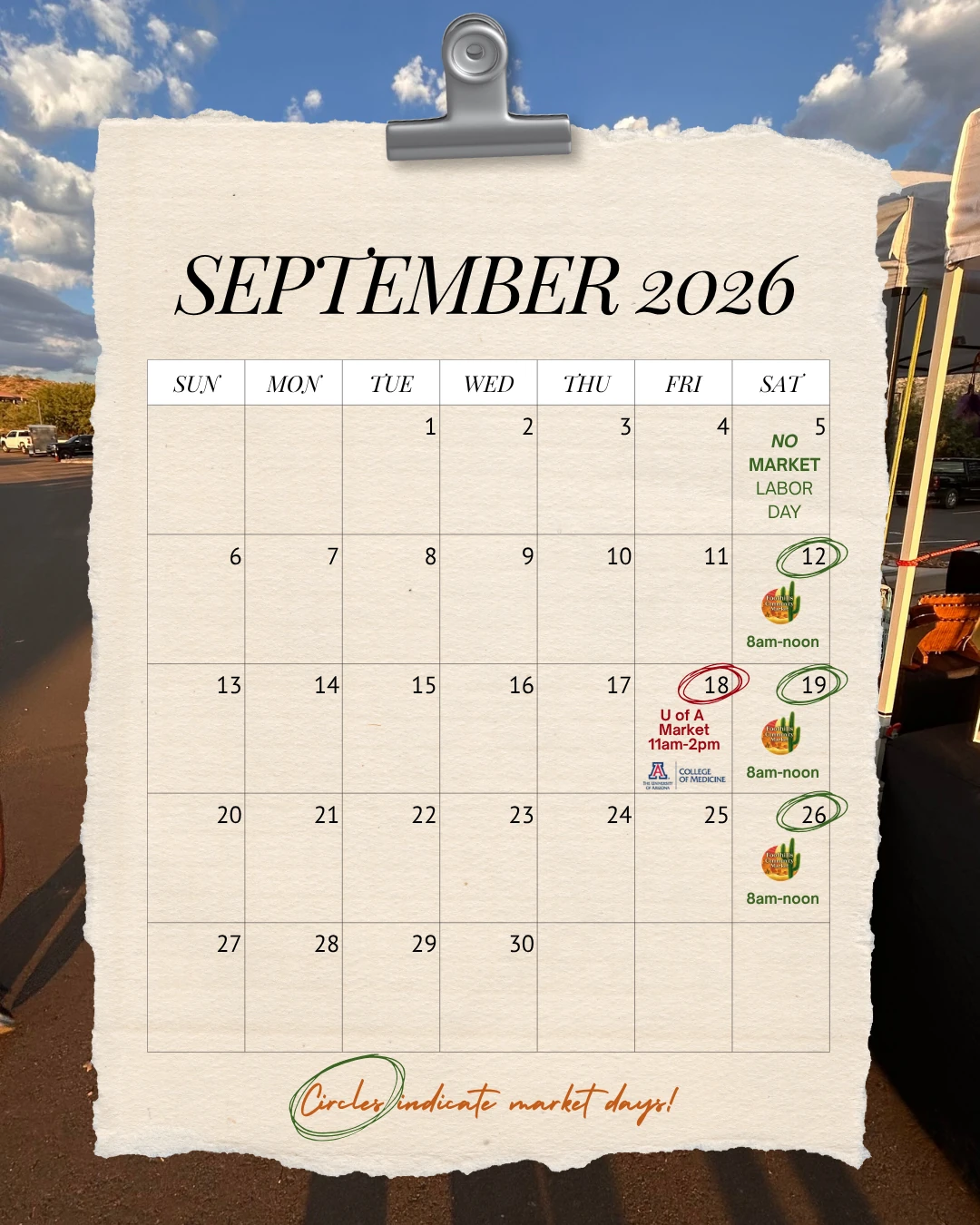 September 2026 Foothills Community Market calendar